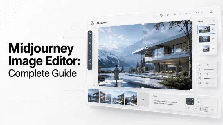 Midjourney Image Editor interface showing AI-powered image editing, canvas controls, layers, and generative editing tools.