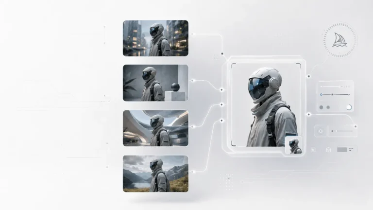 Midjourney Omni Reference workflow showing a consistent AI character across multiple scenes.