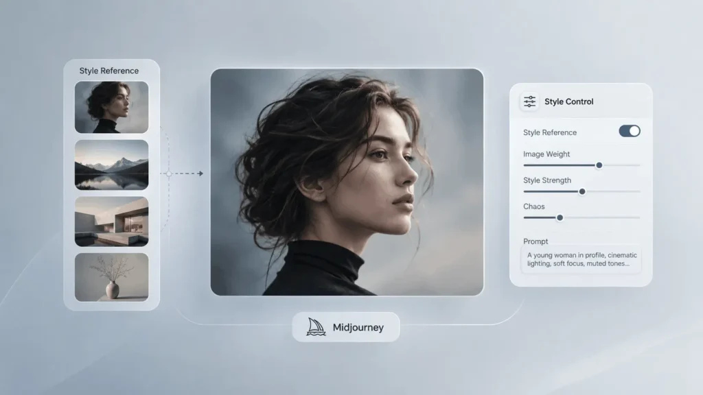 Current image: Midjourney Style Reference interface showing consistent AI-generated aesthetics across multiple images.