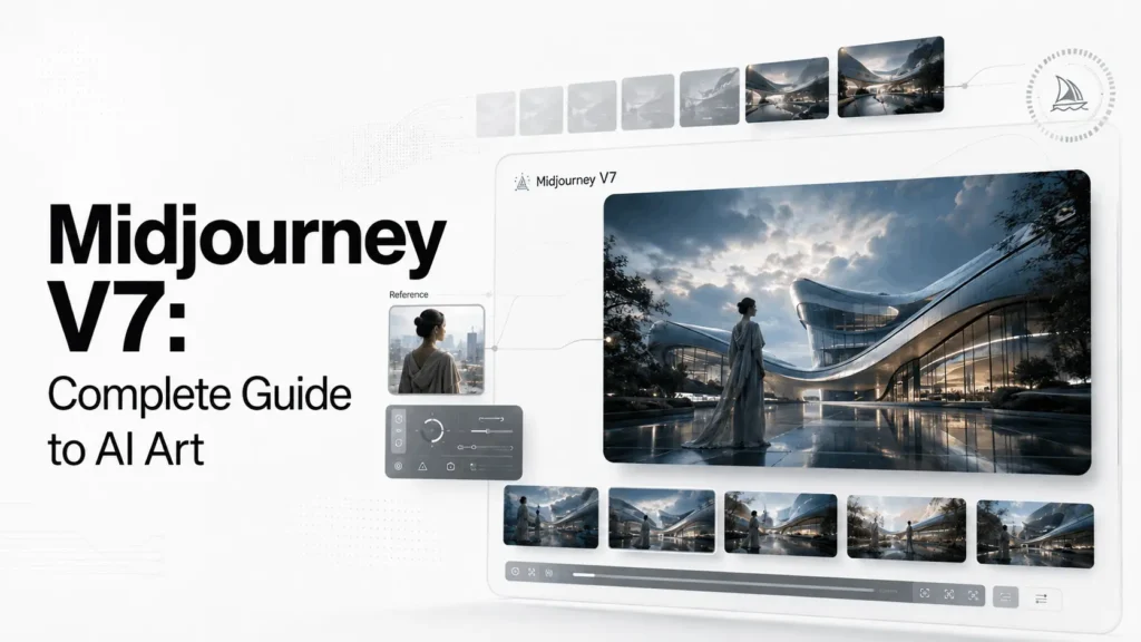 Current image: Midjourney V7 AI art model generating detailed futuristic artwork with advanced image references.