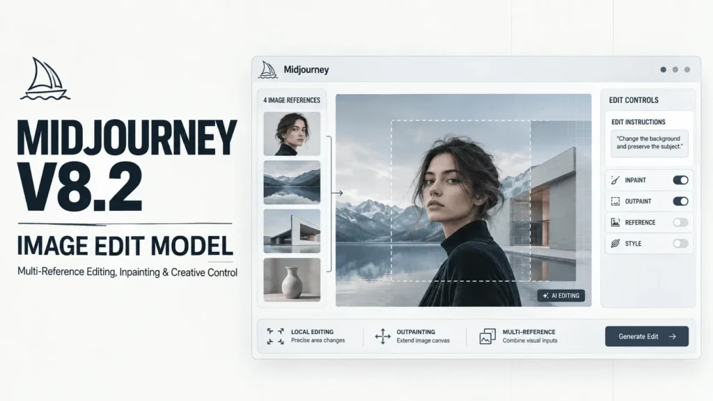 Current image: Midjourney V8.2 image edit model with multi-reference editing, inpainting and outpainting controls.
