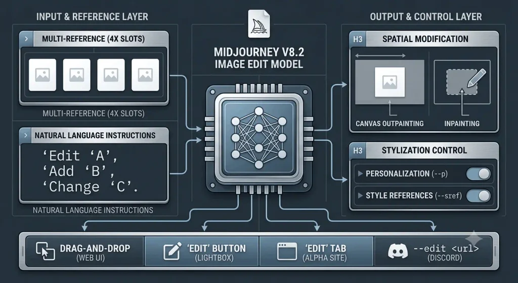 Midjourney V8.2 image edit model with four image references, inpainting, outpainting and personalization.