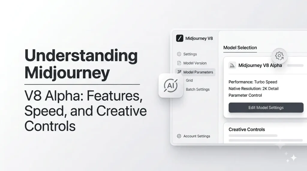 Current image: A minimalistic digital guide titled 'Understanding Midjourney V8 Alpha,' featuring a clean user interface panel. The interface shows 'Model Selection' for 'Midjourney V8 Alpha' with specific details for 'Turbo Speed,' '2K Detail,' and 'Parameter Control,' along with an 'Edit Model Settings' button.