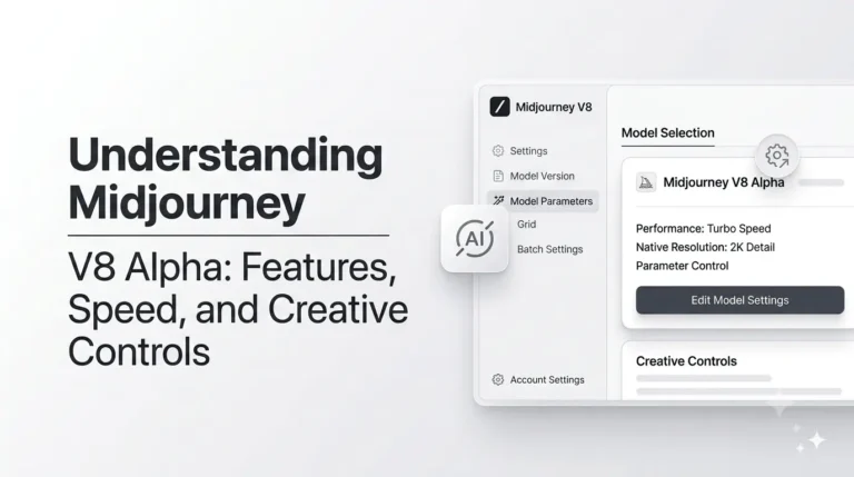 A minimalistic digital guide titled 'Understanding Midjourney V8 Alpha,' featuring a clean user interface panel. The interface shows 'Model Selection' for 'Midjourney V8 Alpha' with specific details for 'Turbo Speed,' '2K Detail,' and 'Parameter Control,' along with an 'Edit Model Settings' button.
