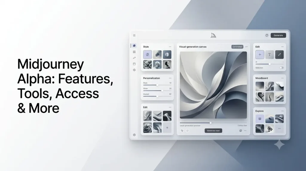 Current image: Midjourney Alpha web interface with AI image generation, editing and creative tools.