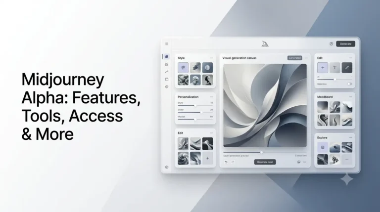 Midjourney Alpha web interface with AI image generation, editing and creative tools.